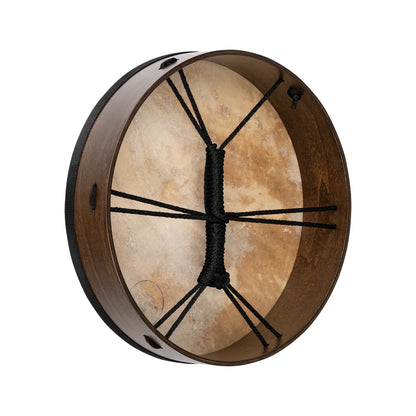 Handheld frame drum with natural hide head and rope handle, used for sound healing.