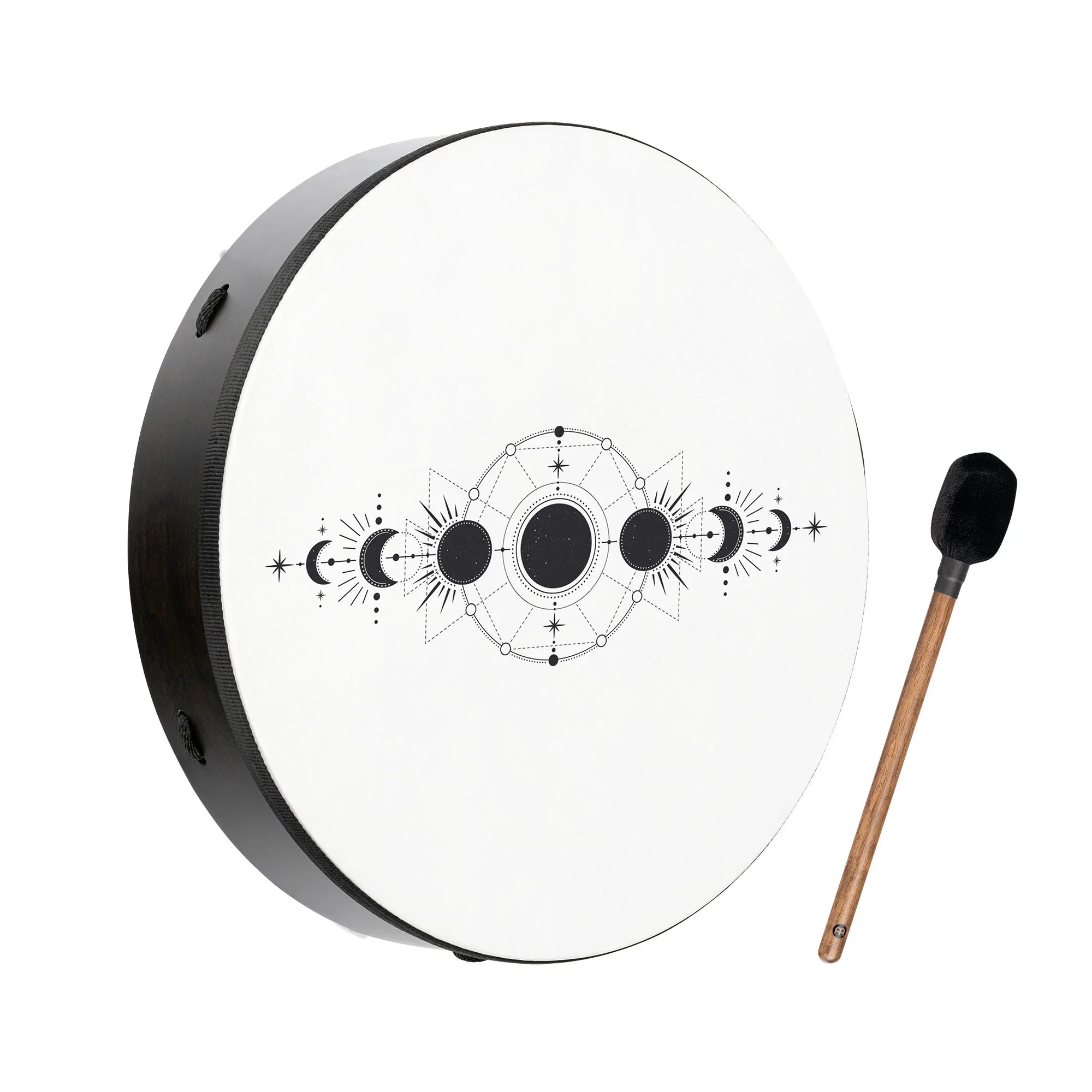Frame drum with lunar phase design and mallet, sound healing instrument