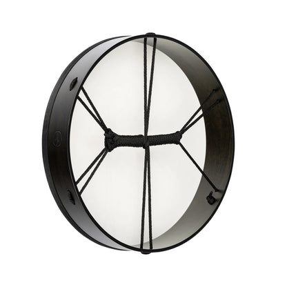 Frame drum with dark wood rim and white drumhead, featuring black rope tensioning