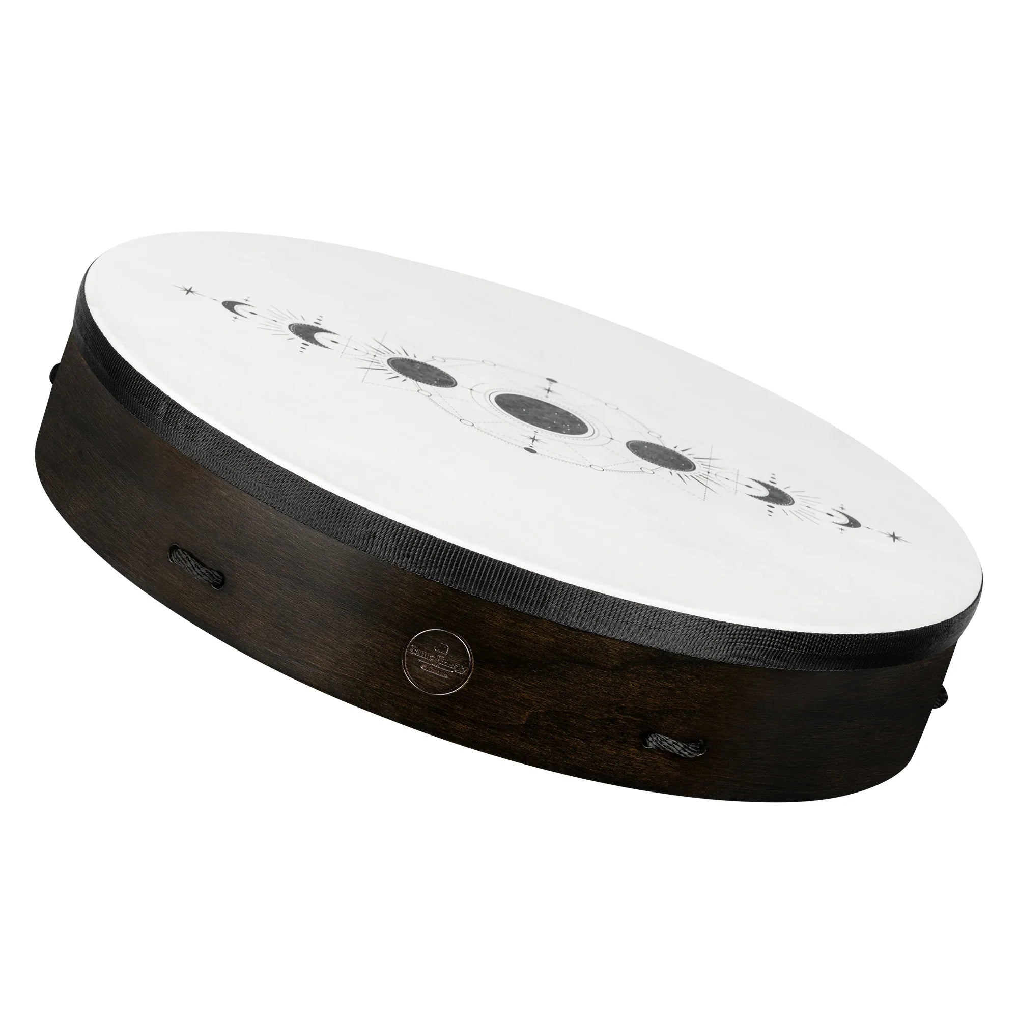 Handheld frame drum with dark wood body and moon phase design on white drumhead