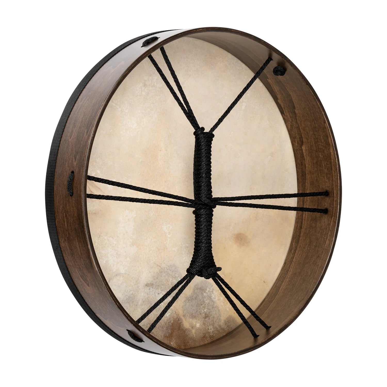 Handheld frame drum with natural skin head and dark wooden rim, black rope handle