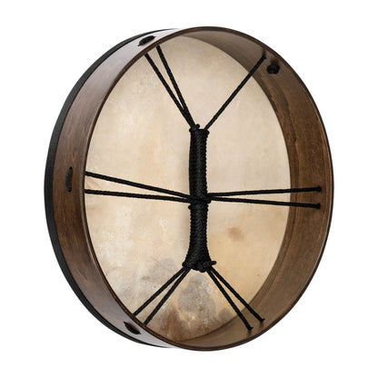 Handheld frame drum with natural skin head and dark wooden rim, black rope handle