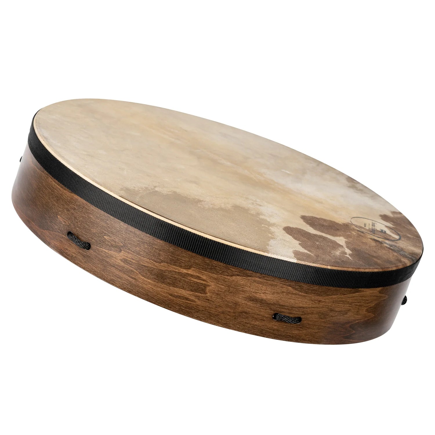 Frame drum with natural hide head and wooden shell on white background, sound healing instrument