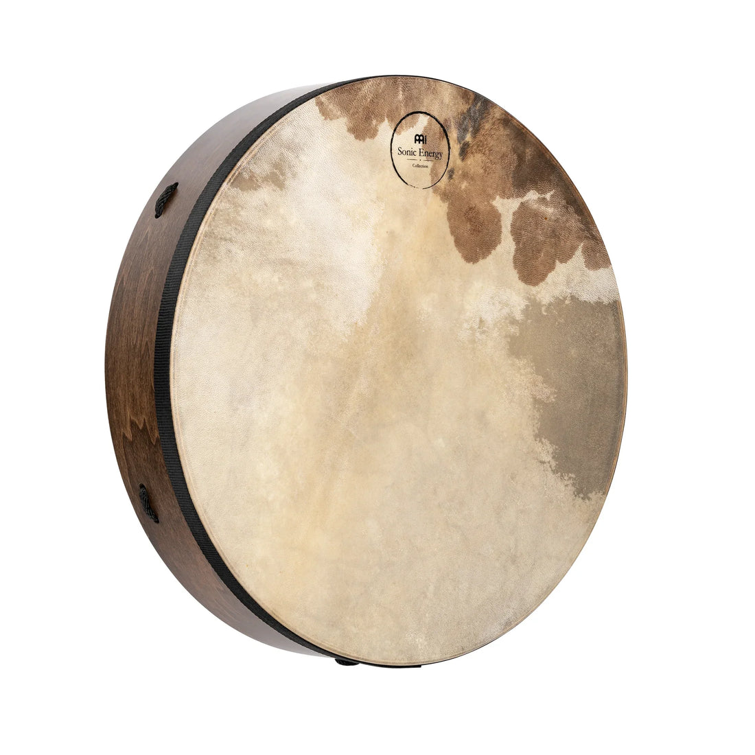 Large natural frame drum with wooden shell and rawhide head for sound healing and meditation