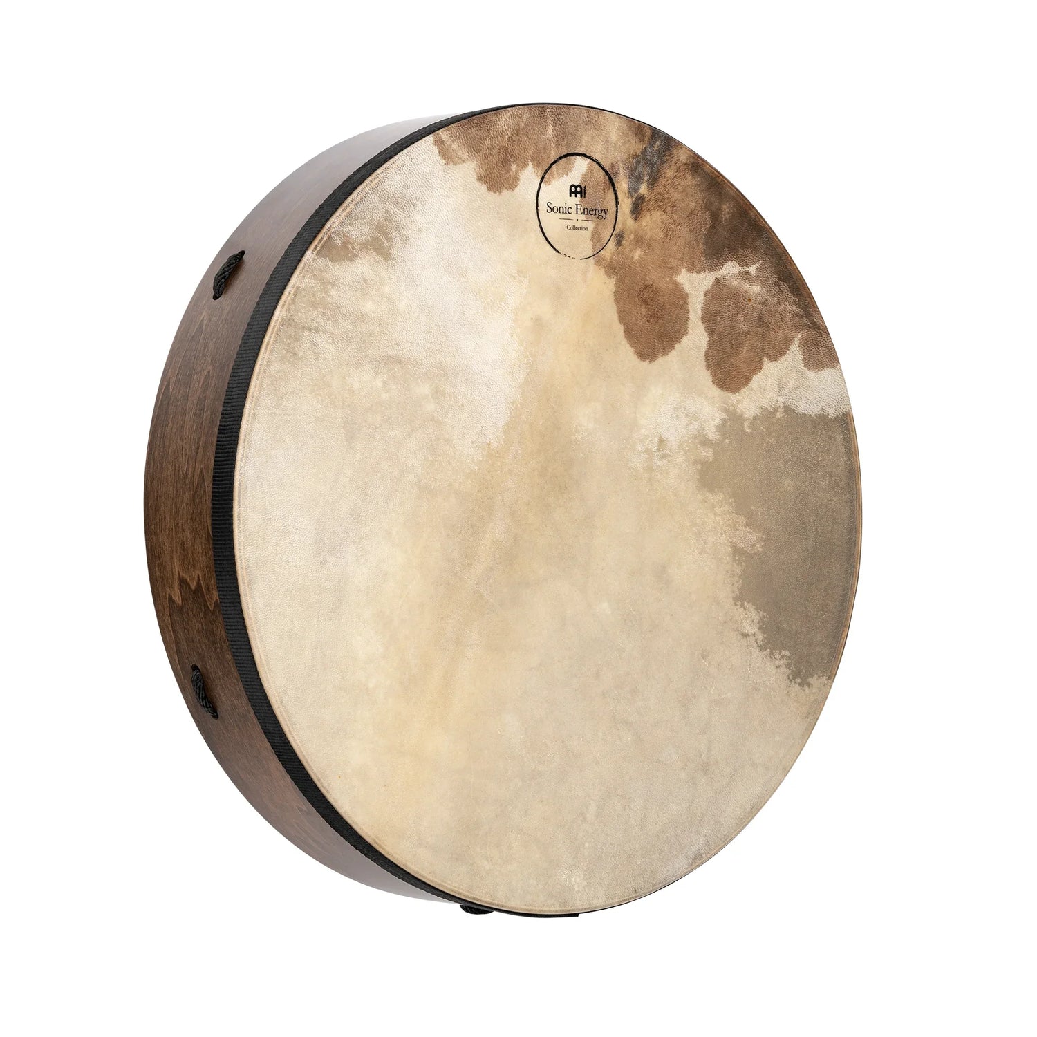 Large natural frame drum with wooden shell and rawhide head for sound healing and meditation