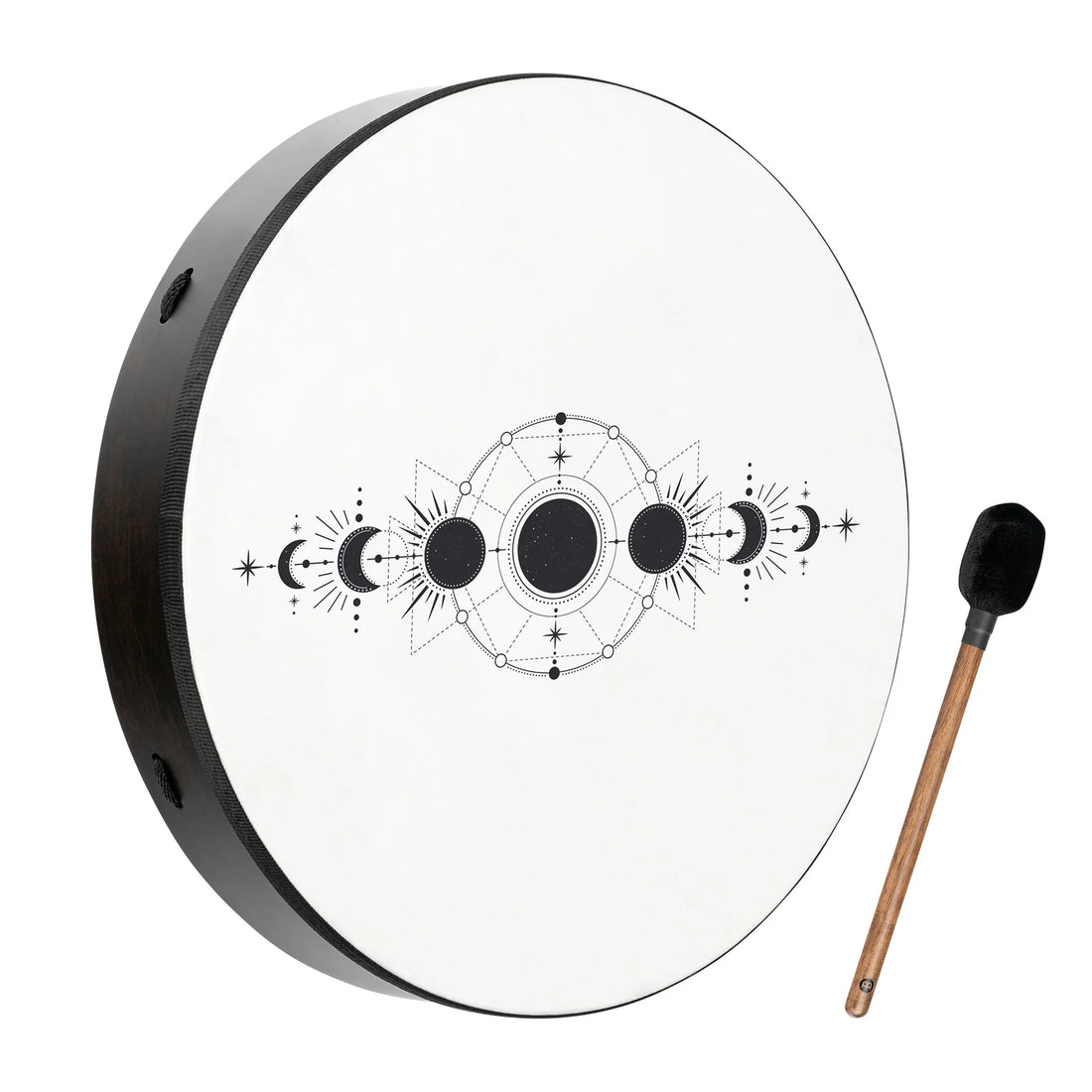 Frame drum with moon phase design and mallet for sound healing or meditation