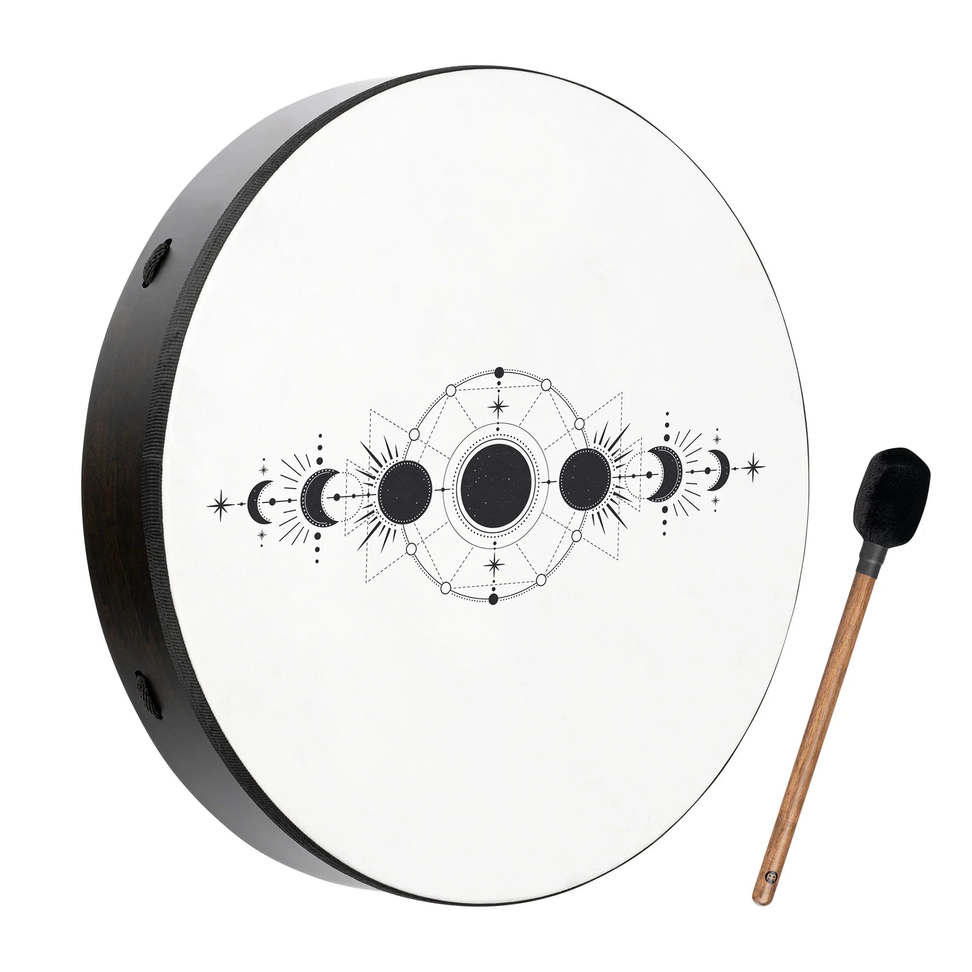 Frame drum with moon phase design and mallet for sound healing or meditation