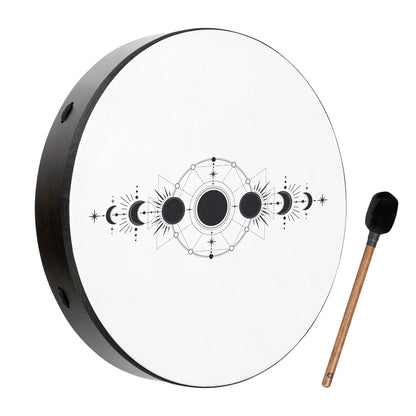 Frame drum with moon phase design and mallet for sound healing or meditation