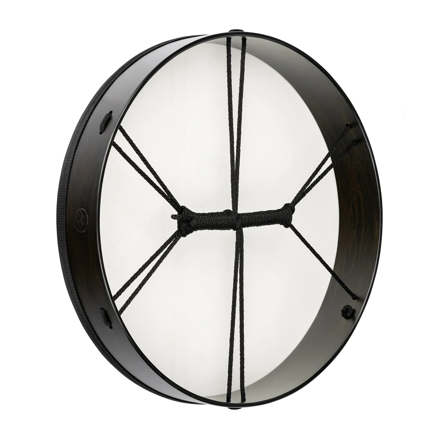 Frame drum with dark wood rim, white drumhead, and black rope handles for sound healing