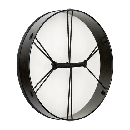 Frame drum with dark wood rim, white drumhead, and black rope handles for sound healing