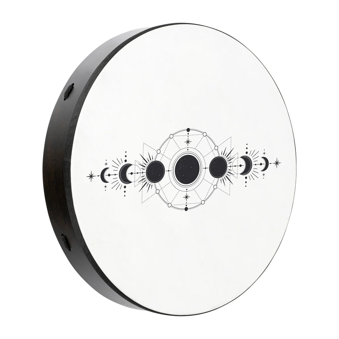 Shamanic frame drum with black lunar phases and geometric design on white drumhead