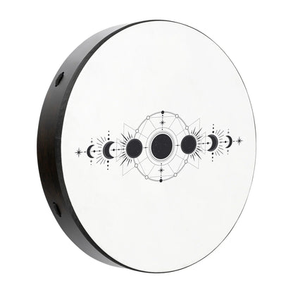Shamanic frame drum with black lunar phases and geometric design on white drumhead