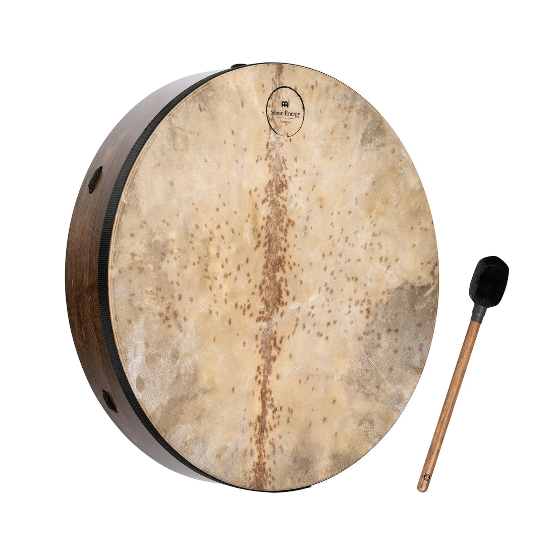 Frame drum with natural hide head and wooden mallet for sound healing or meditation