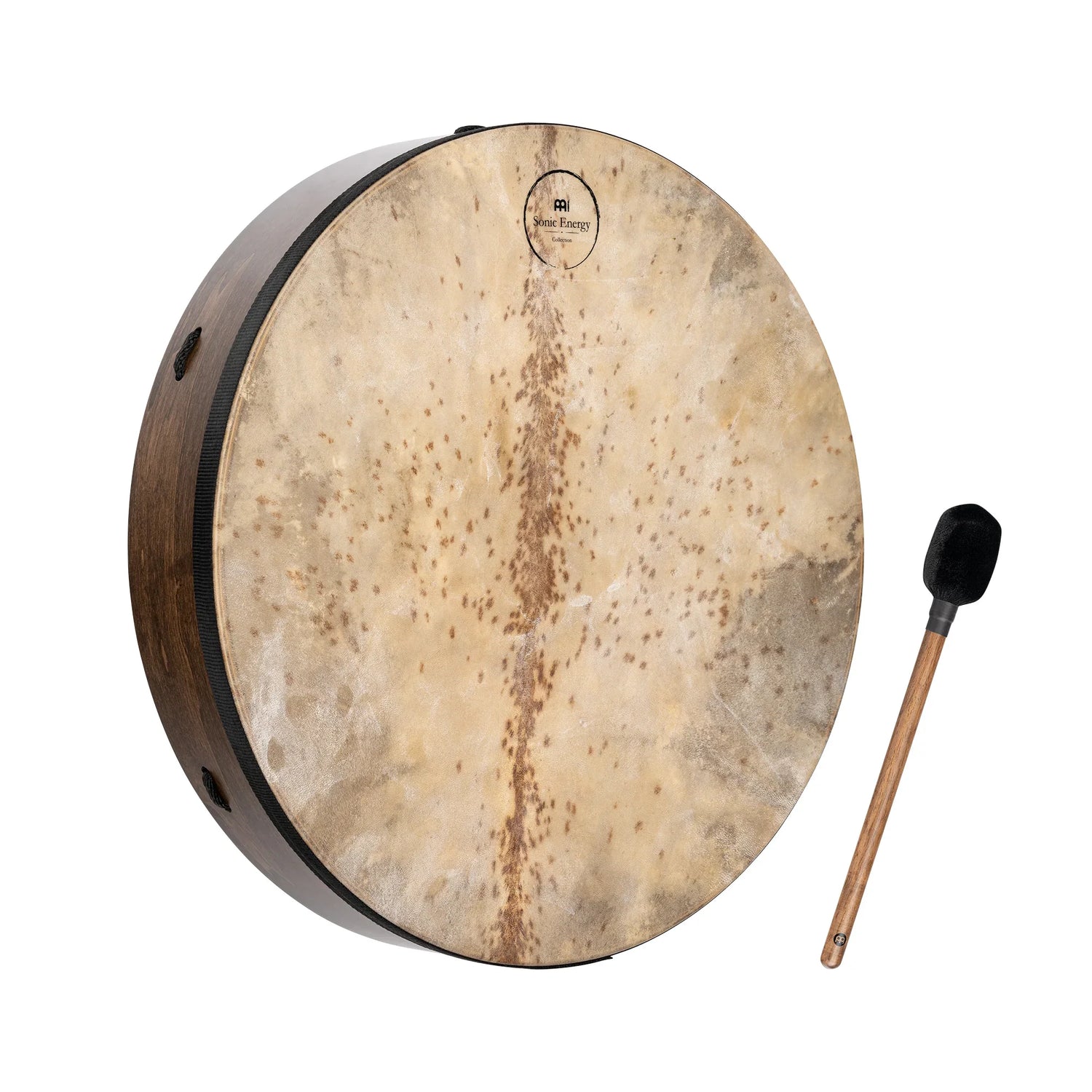Frame drum with natural hide head and wooden mallet for sound healing or meditation