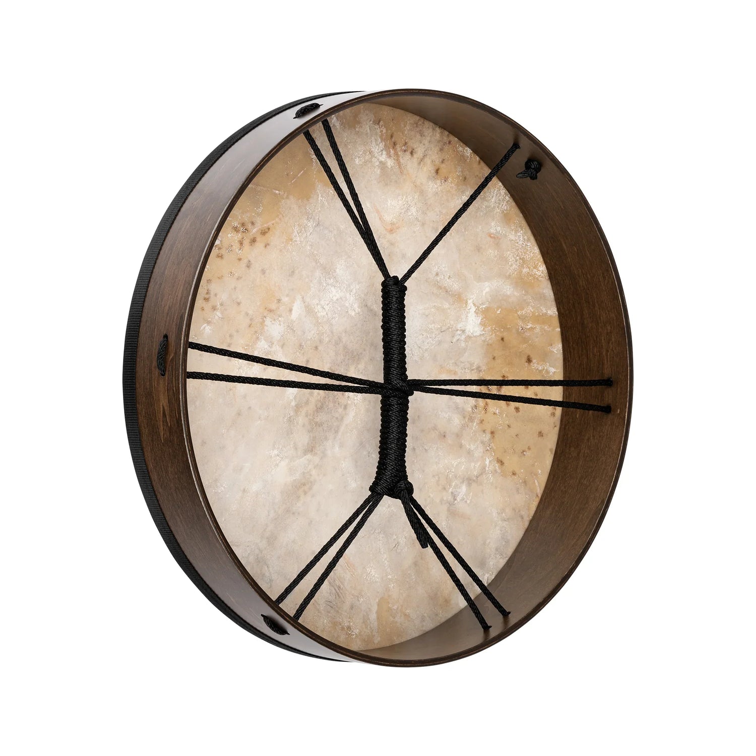 Handheld frame drum with natural hide head and rope handle, for sound healing or meditation.