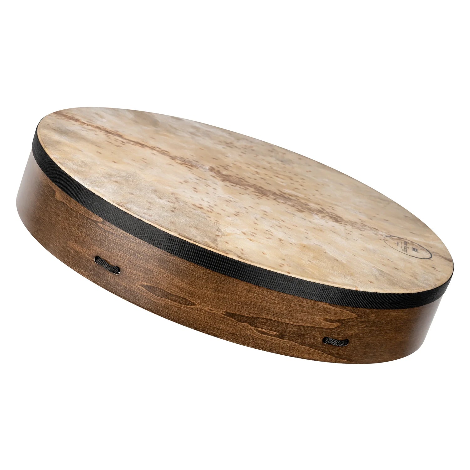 Round frame drum with natural hide head and wood shell, instrument for sound healing