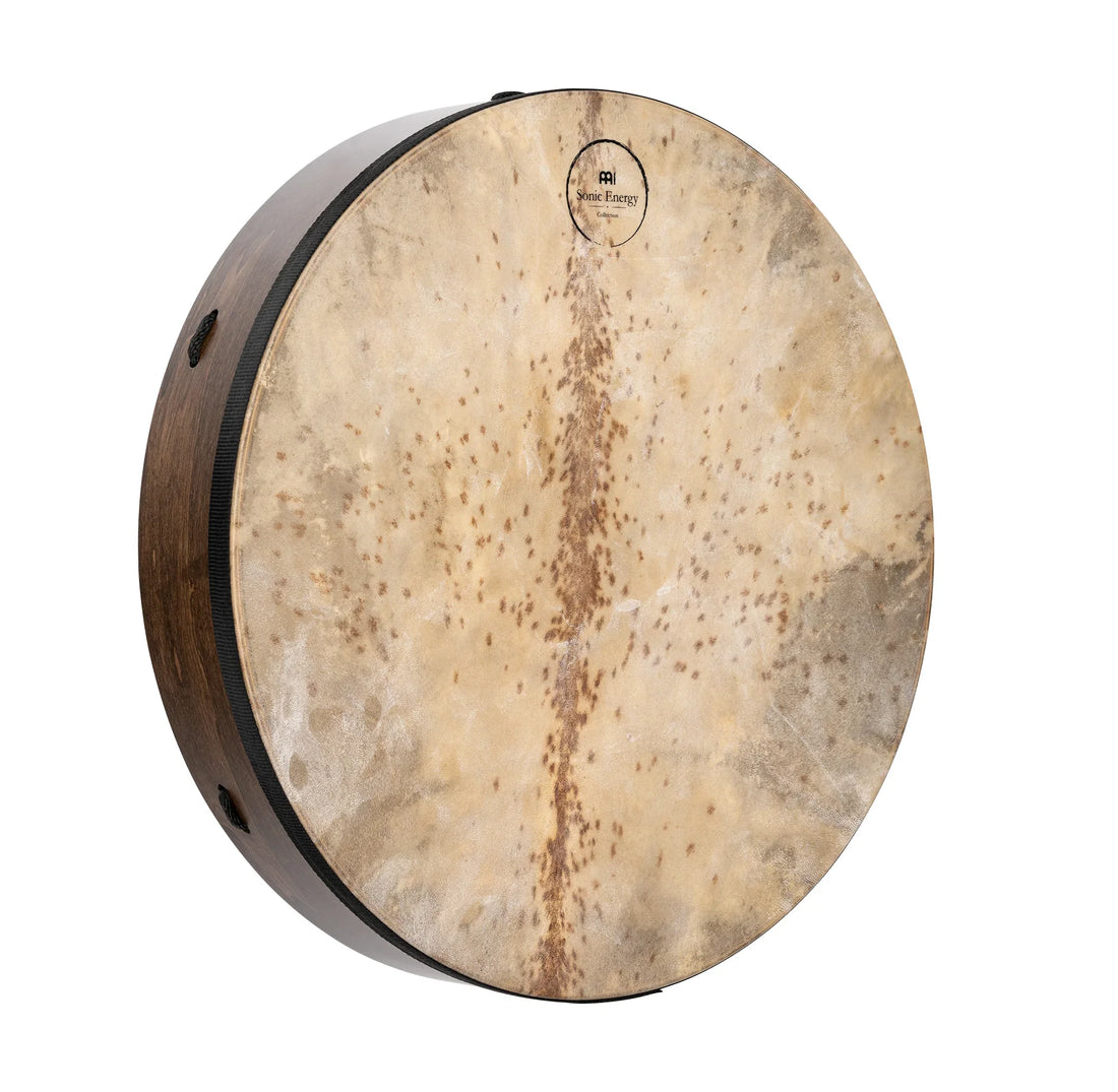 Natural frame drum with wood shell and textured rawhide head for sound healing or meditation