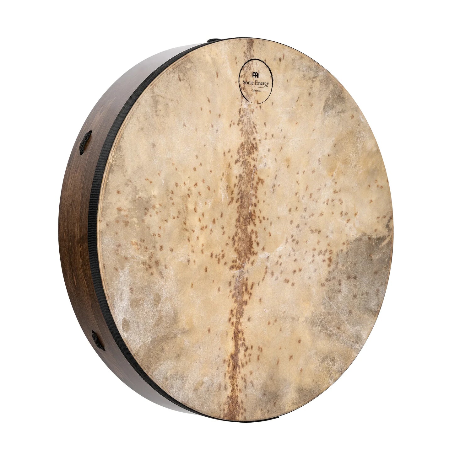 Natural frame drum with wood shell and textured rawhide head for sound healing or meditation