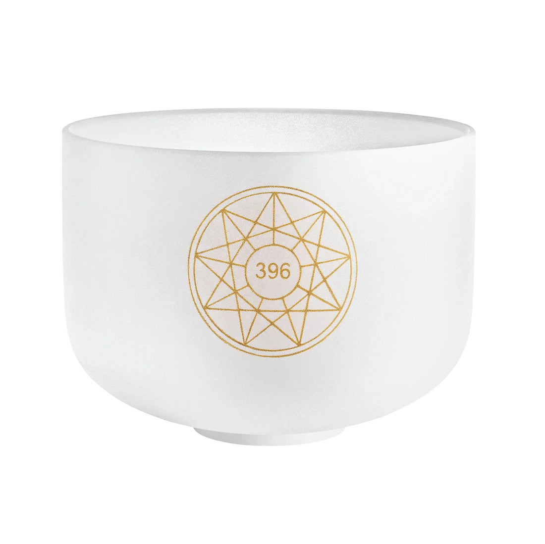 Frosted crystal singing bowl with gold geometric 396 Hz symbol, used for sound healing.