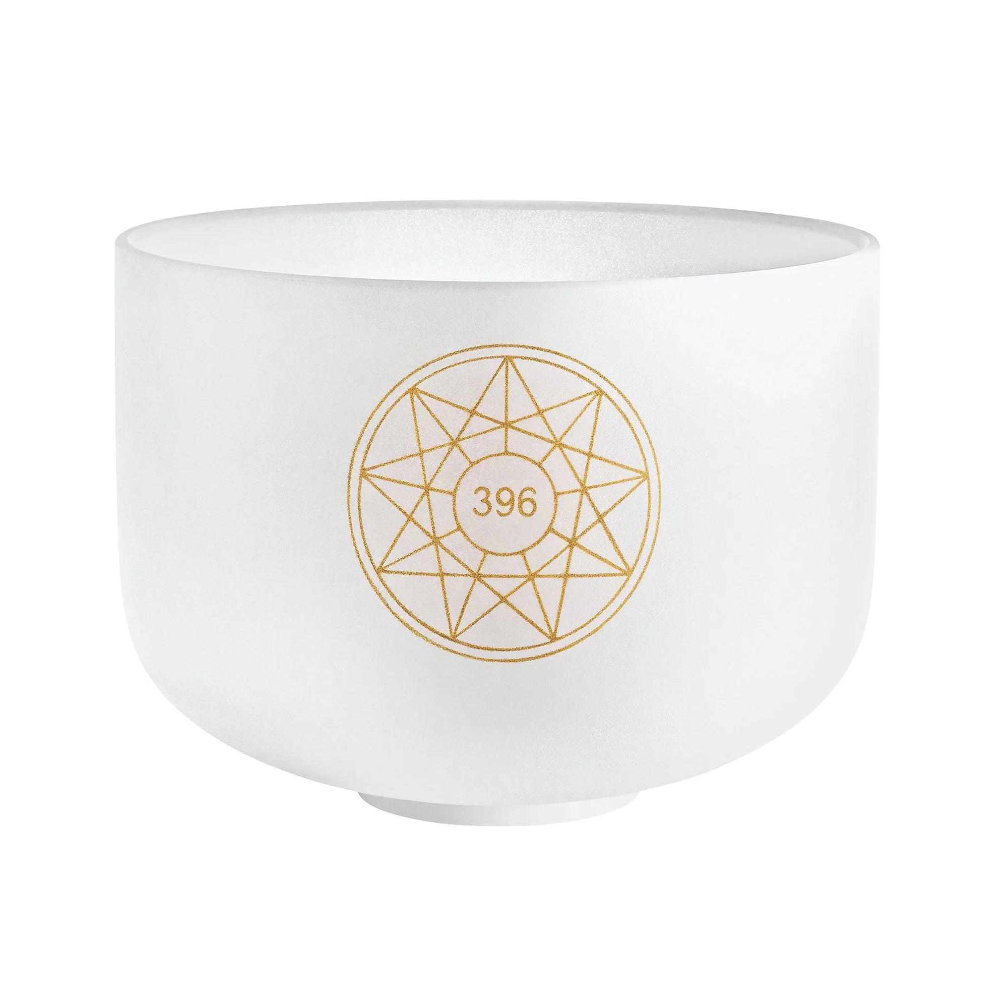 Frosted crystal singing bowl with gold geometric 396 Hz symbol, used for sound healing.