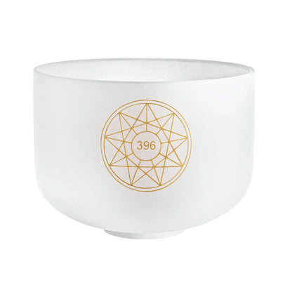Frosted crystal singing bowl with gold geometric 396 Hz symbol, used for sound healing.