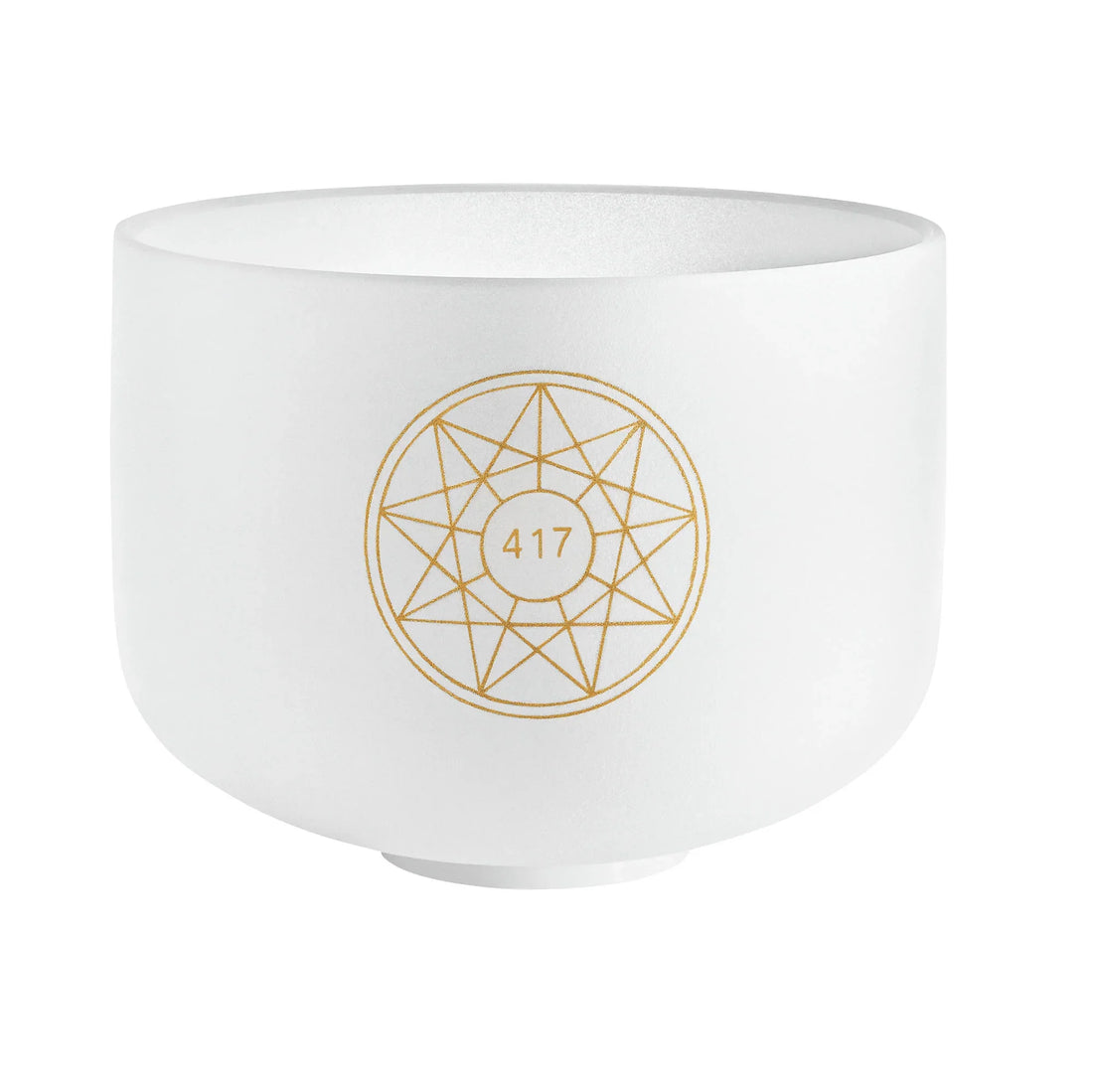White crystal singing bowl with gold geometric design and number 417, used for sound healing