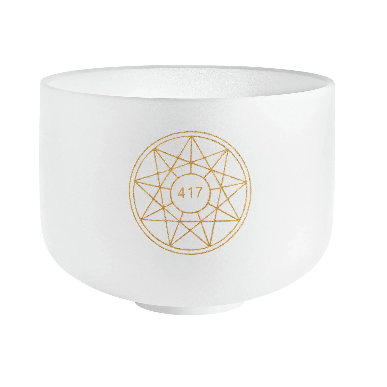 White crystal singing bowl with gold geometric design and number 417, used for sound healing