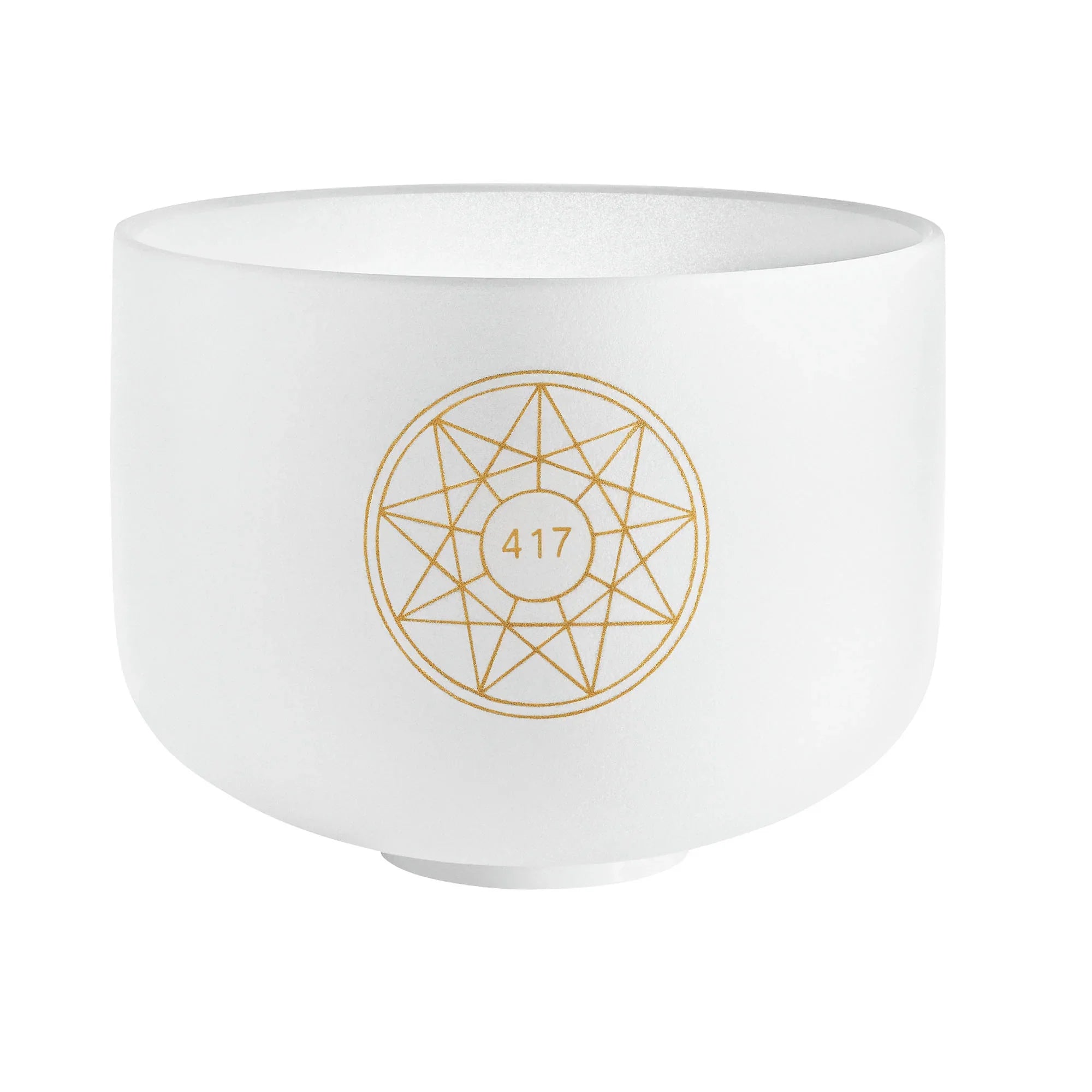 White crystal singing bowl with gold geometric design and number 417, used for sound healing