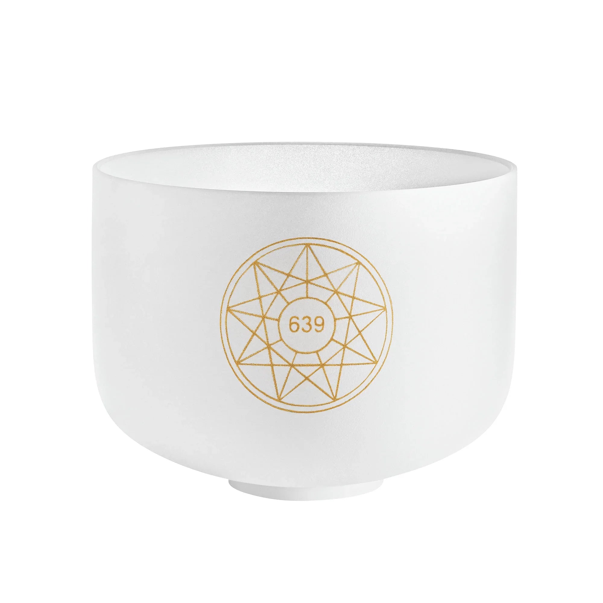 White crystal singing bowl with gold geometric pattern and 639 Hz frequency marking