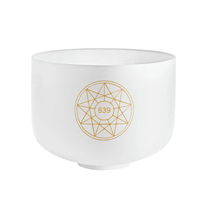 White crystal singing bowl with gold geometric pattern and 639 Hz frequency marking