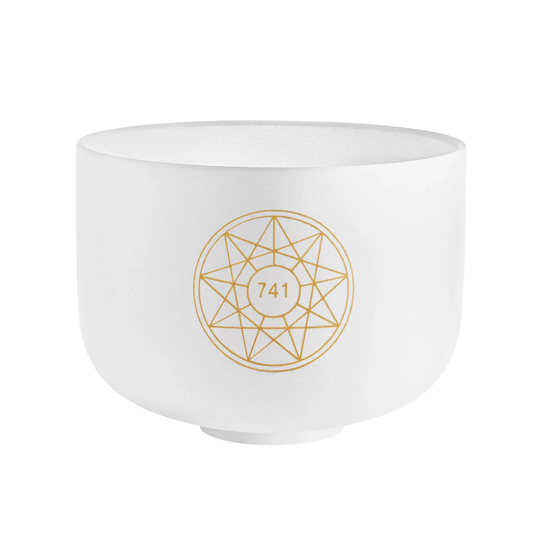 White crystal singing bowl with gold geometric design and 741 number, sound healing instrument