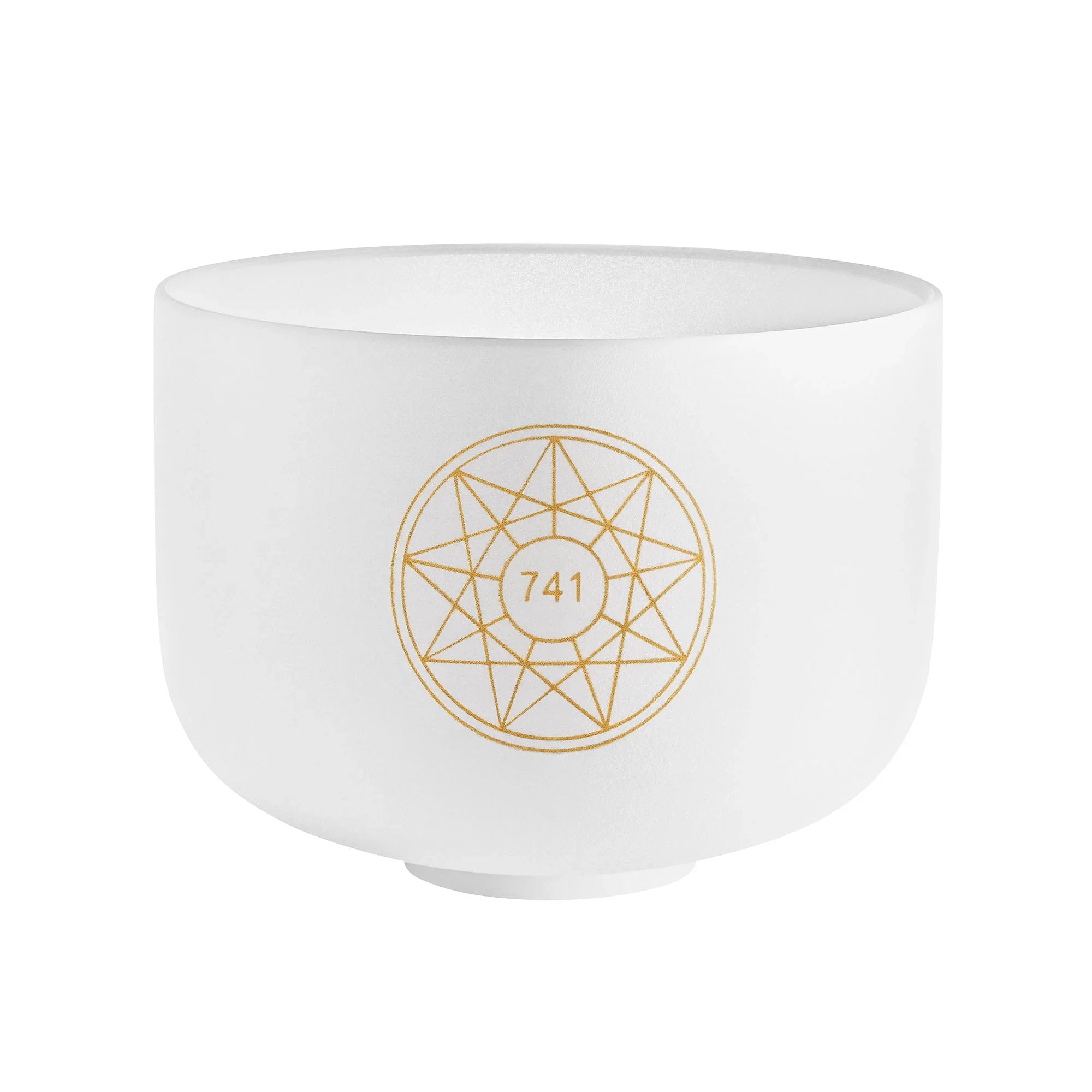 White crystal singing bowl with gold geometric design and 741 number, sound healing instrument