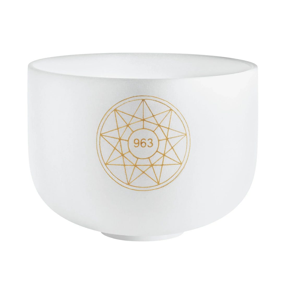 White crystal singing bowl with gold geometric pattern and number 963 for sound healing