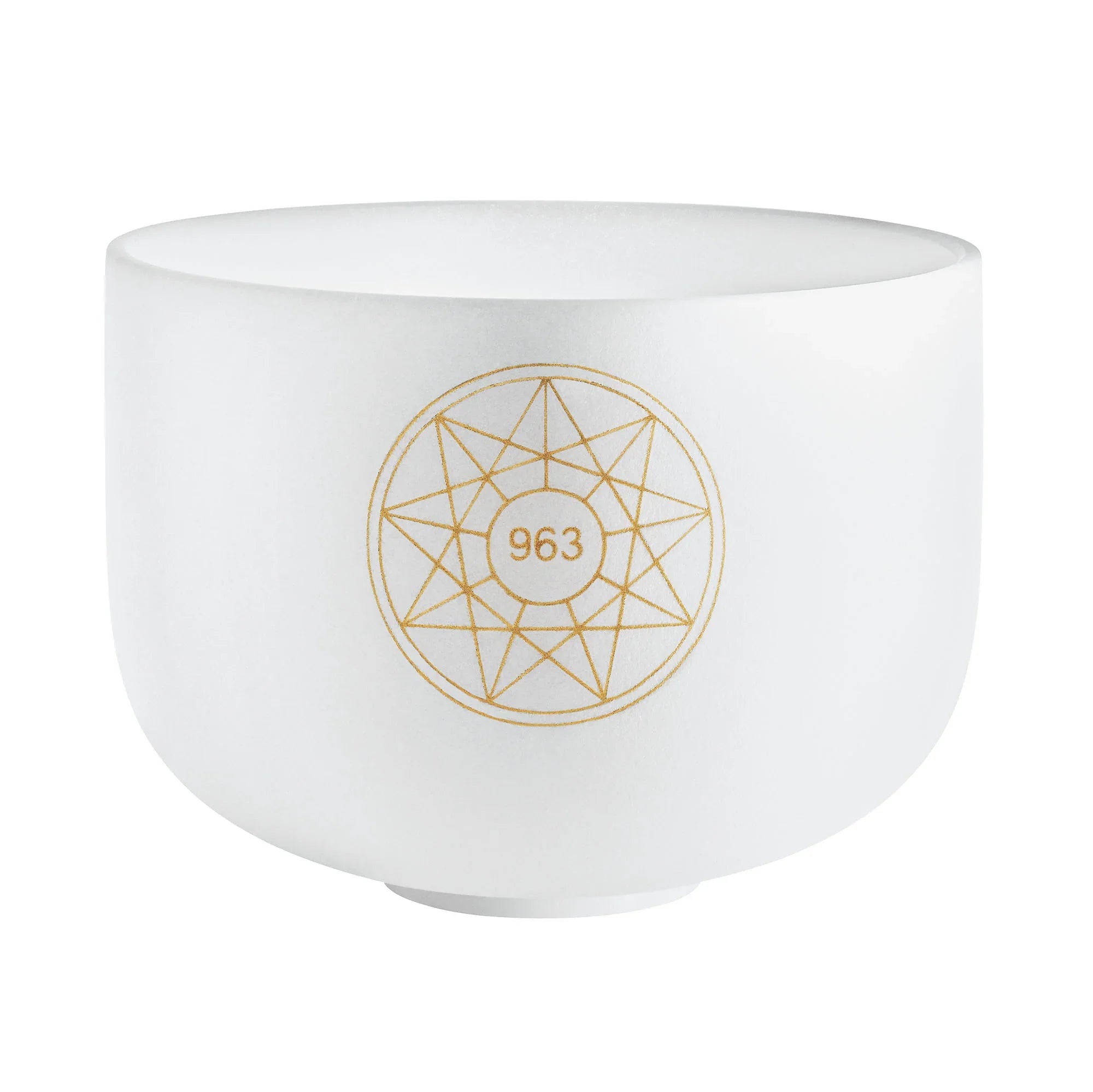 White crystal singing bowl with gold geometric pattern and number 963 for sound healing