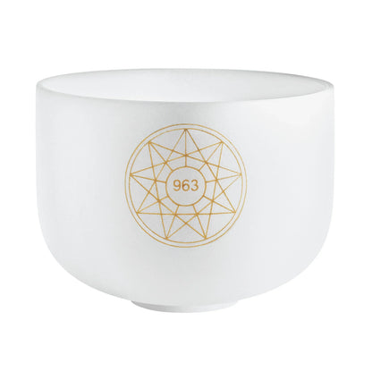 White crystal singing bowl with gold geometric pattern and number 963 for sound healing