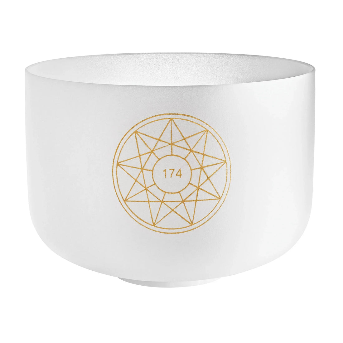 White crystal singing bowl with gold geometric pattern and number 174 for sound healing