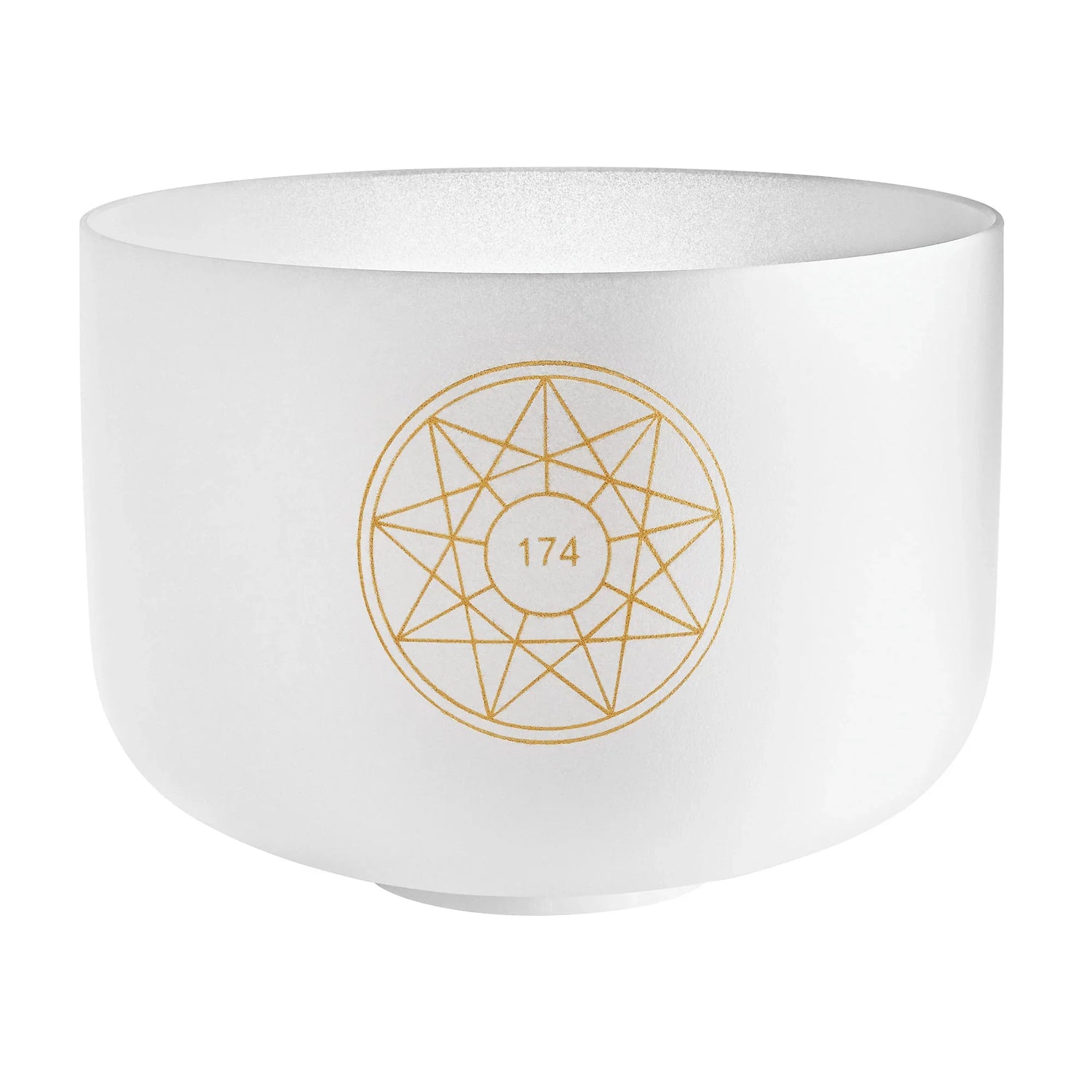 White crystal singing bowl with gold geometric pattern and number 174 for sound healing