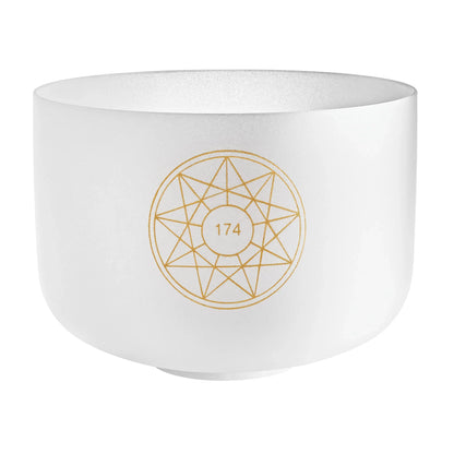 White crystal singing bowl with gold geometric pattern and number 174 for sound healing