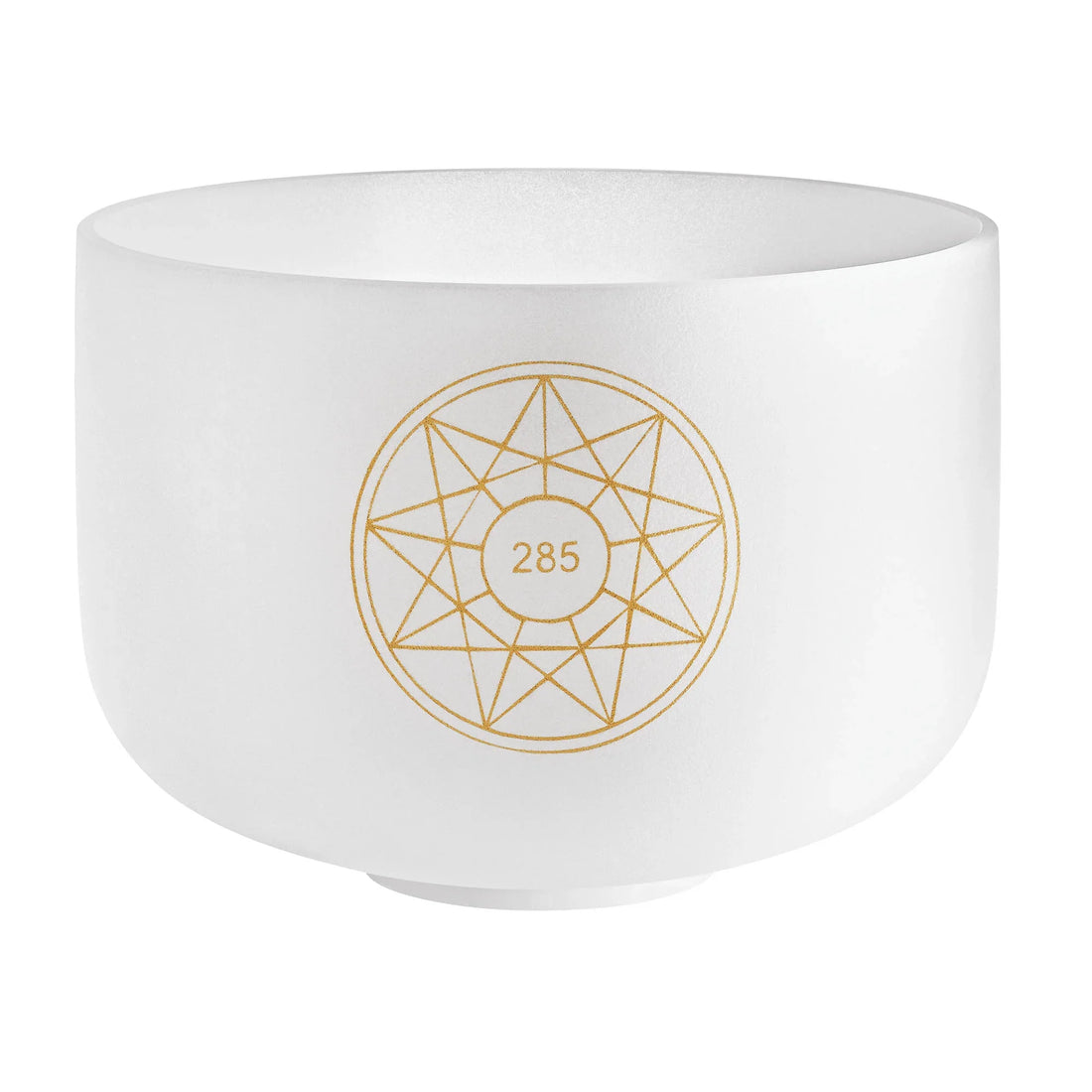 White crystal singing bowl with gold geometric design and 285 Hz frequency marking