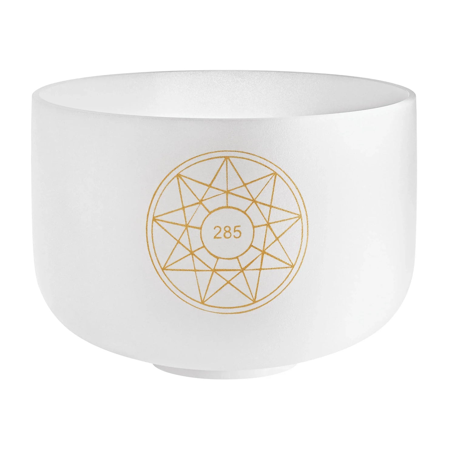 White crystal singing bowl with gold geometric design and 285 Hz frequency marking