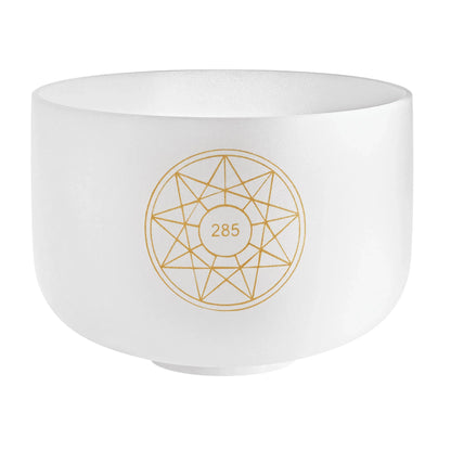 White crystal singing bowl with gold geometric design and 285 Hz frequency marking