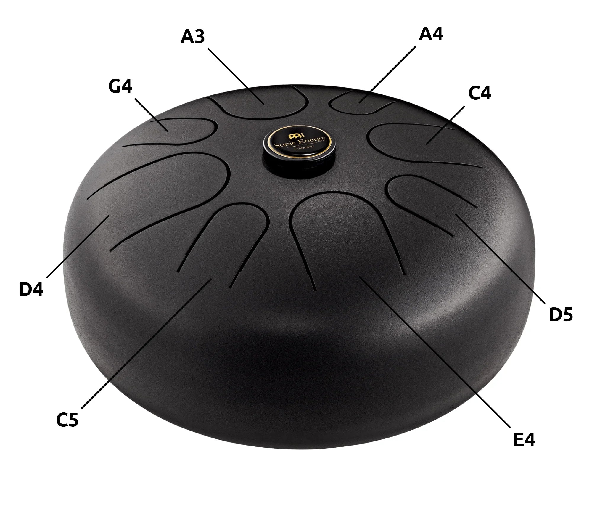 Black steel tongue drum with note labels, ideal for sound healing and meditation.