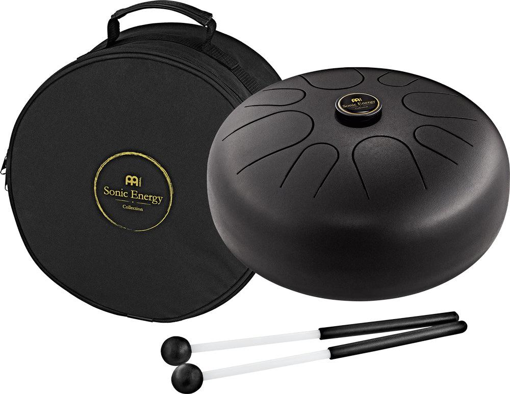 Black steel tongue drum with case and mallets, sound healing instrument set