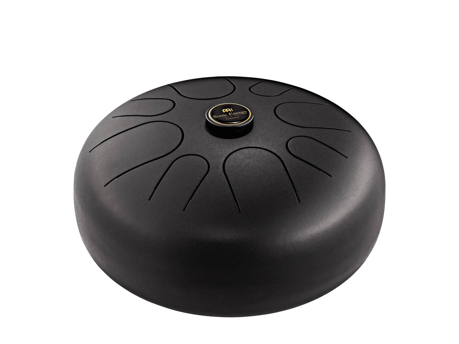 Black steel tongue drum with curved cut-out notes, used for sound healing and meditation