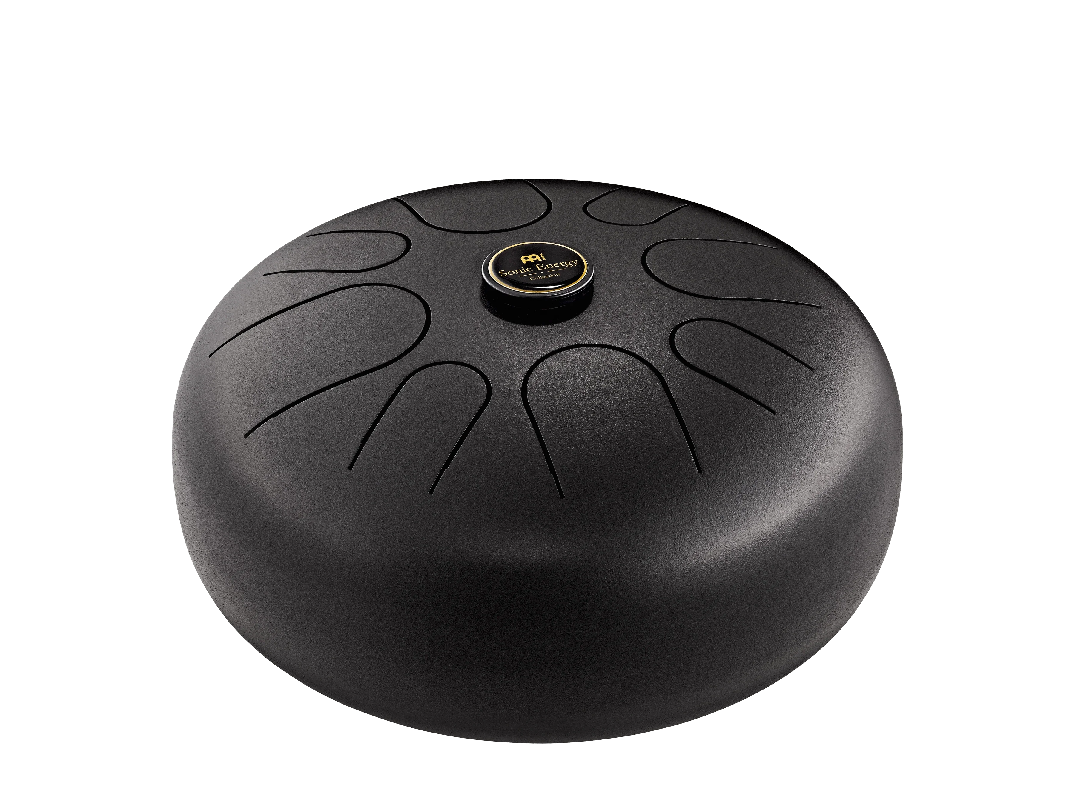 Black steel tongue drum with curved cut-out notes, used for sound healing and meditation