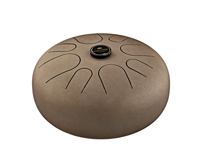Brown steel tongue drum percussion instrument with sound healing design, isolated on white