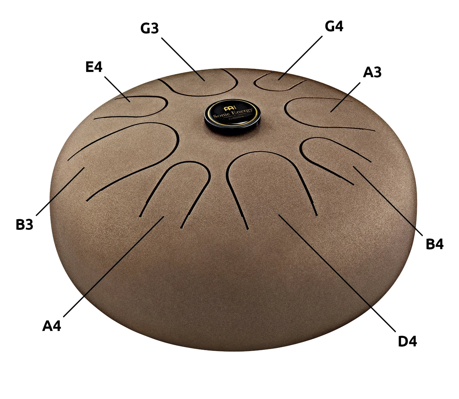 Steel tongue drum with labeled note cutouts for sound healing and meditation