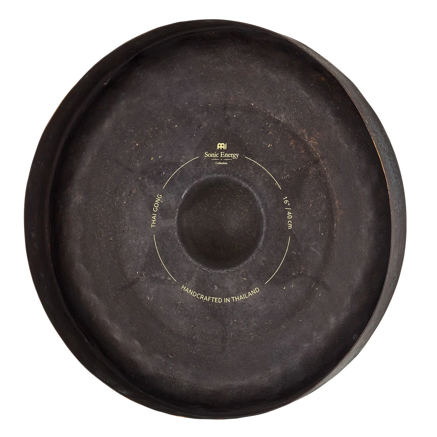 Handcrafted Thai gong for sound healing, 16 inch, black metal with gold text detail.