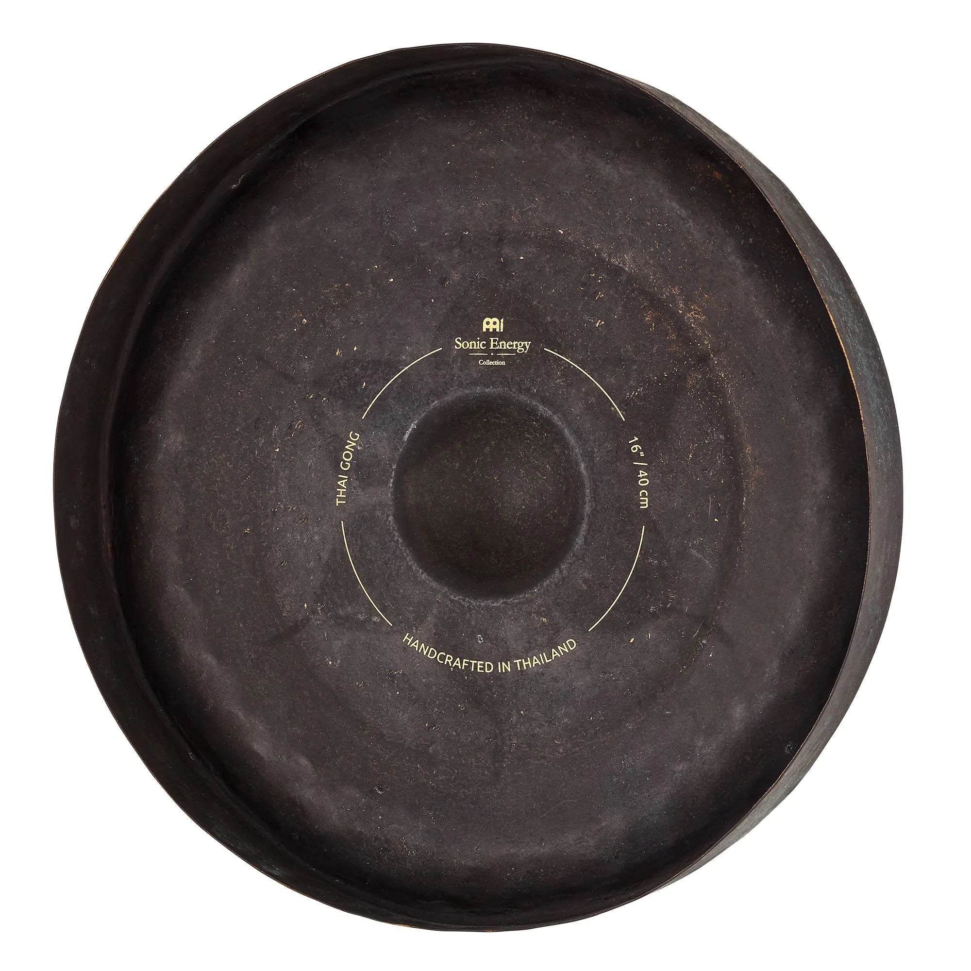 Handcrafted Thai gong for sound healing, 16 inch, black metal with gold text detail.