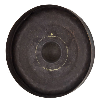 Handcrafted Thai gong for sound healing, 16 inch, black metal with gold text detail.